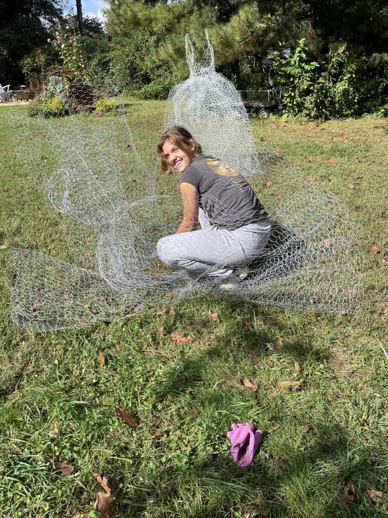 Sadie forming the skirt with chicken wire